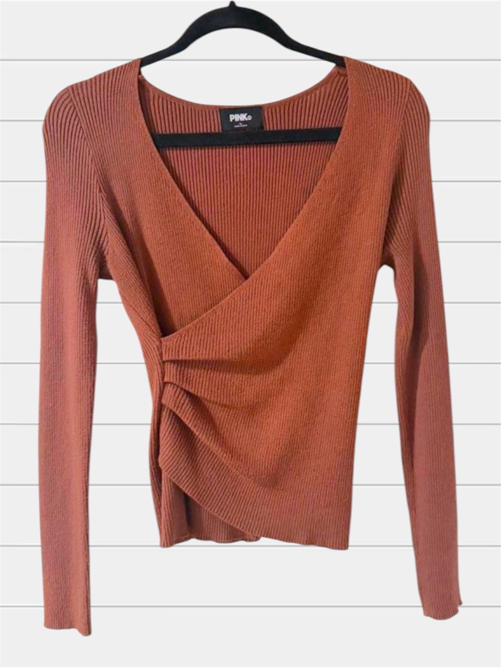 Rust Brown Wrap Ribbed Long-Sleeve Top
